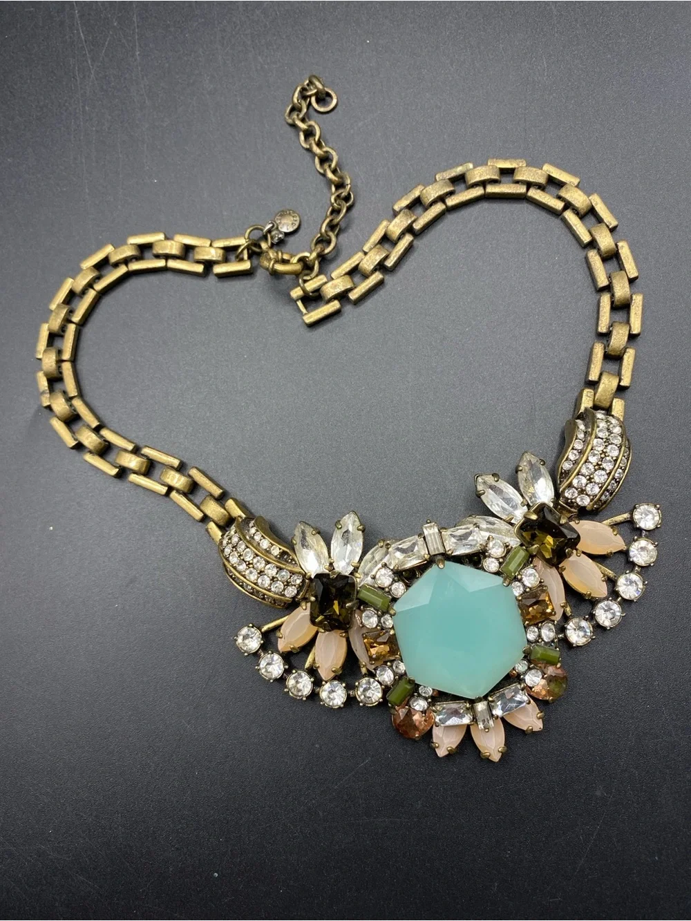J. CREW Antiqued Gold Chain Floral Crystal Rhinestone Light Blue Necklace